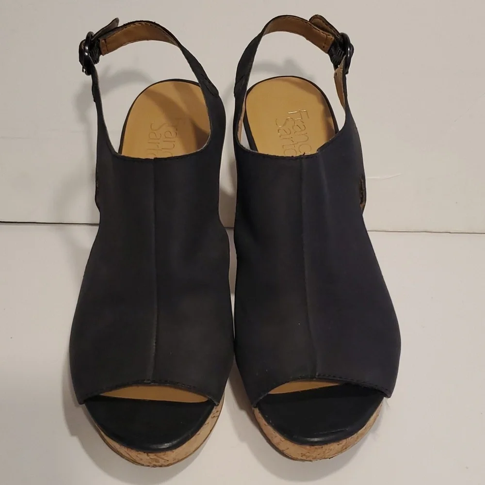 Franco Sarto Gabriel Black Leather Cork Wedge Sandals Size 8.5M